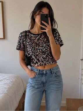 H&M Multicolor Sequin Party Top XS Black Short Sleeve